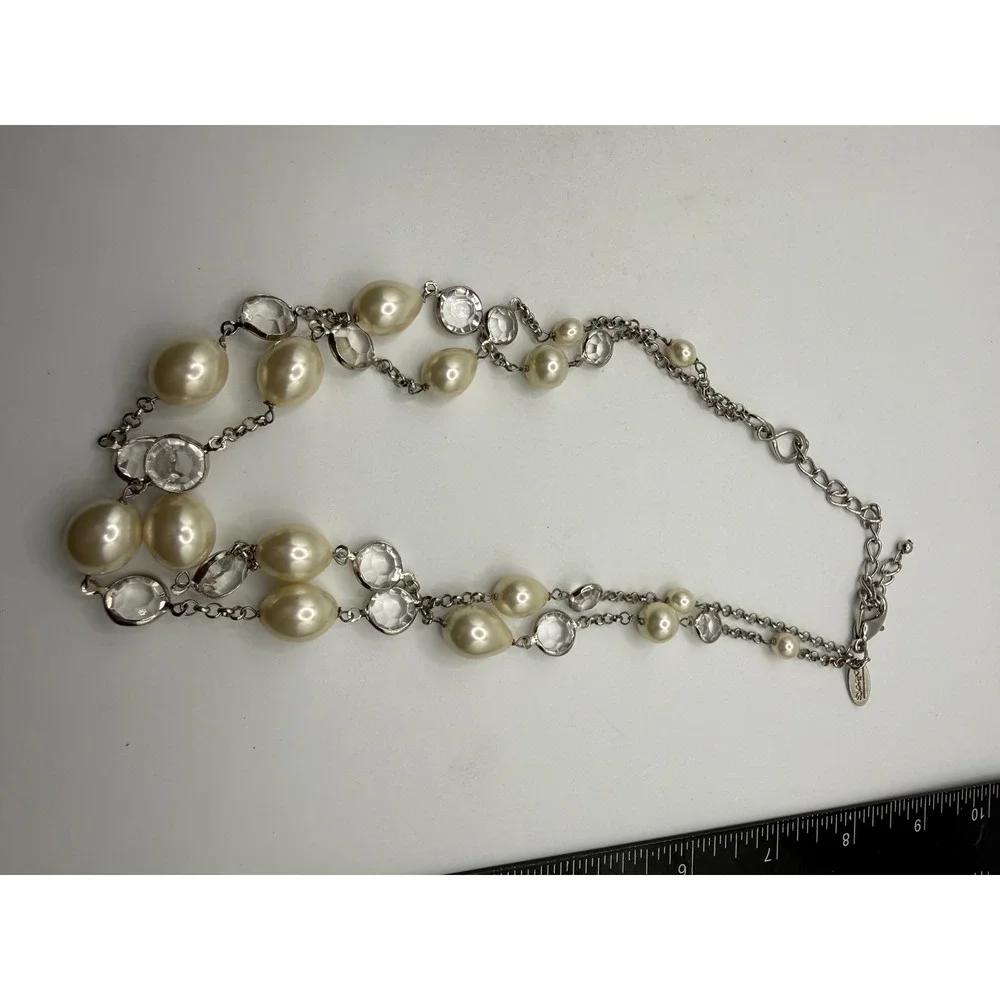 Talbots Silver Tone Faux Pearl and Crystal Double Strand Necklace 18-21 Inch